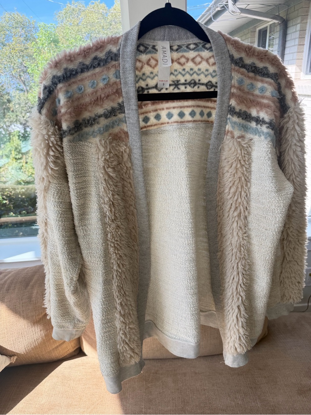 AMADI Cream & Taupe Faux-Sherpa Open Front Cardigan